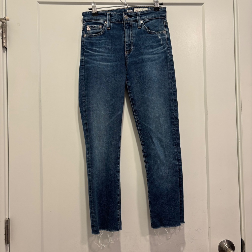 AG Adriano Goldschmied Mari Crop High Rise Slim Straight Jeans Blue Raw Hem 24